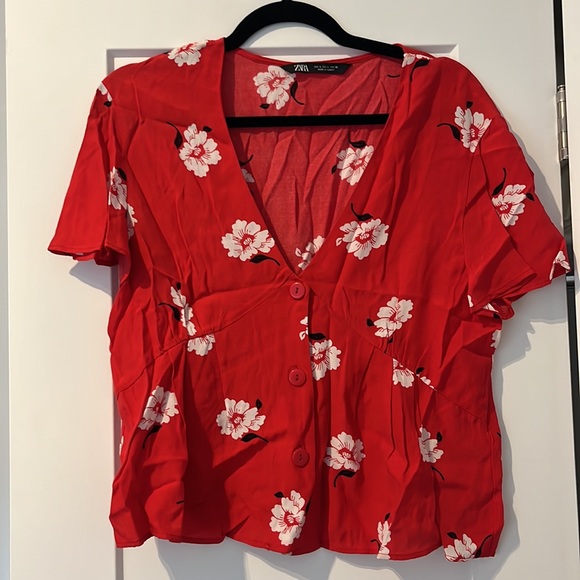 Zara Red Floral Buttondown Top size L - Picture 5 of 9